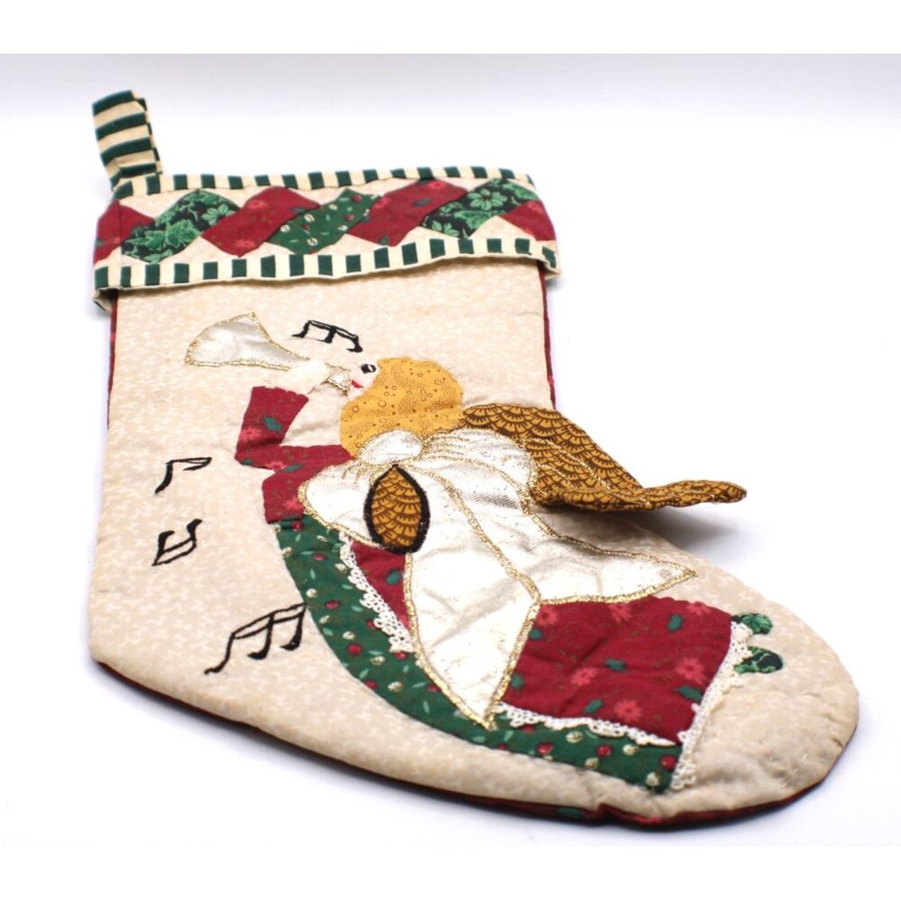 Vintage Quilted Christmas Stocking Angel Trumpet Design Red Green Holiday Decor